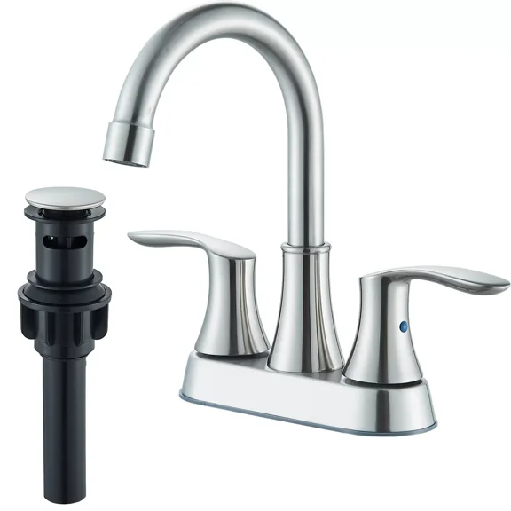 Zovajonia 4 Inch 2 Handle Centerset Lead-Free Modern Bathroom Faucet, 360 Swivel Spout 2-3 Hole RV Bathroom Vanity Sink Faucet with Pop Up Drain and Water Supply Lines Brushed Nickel