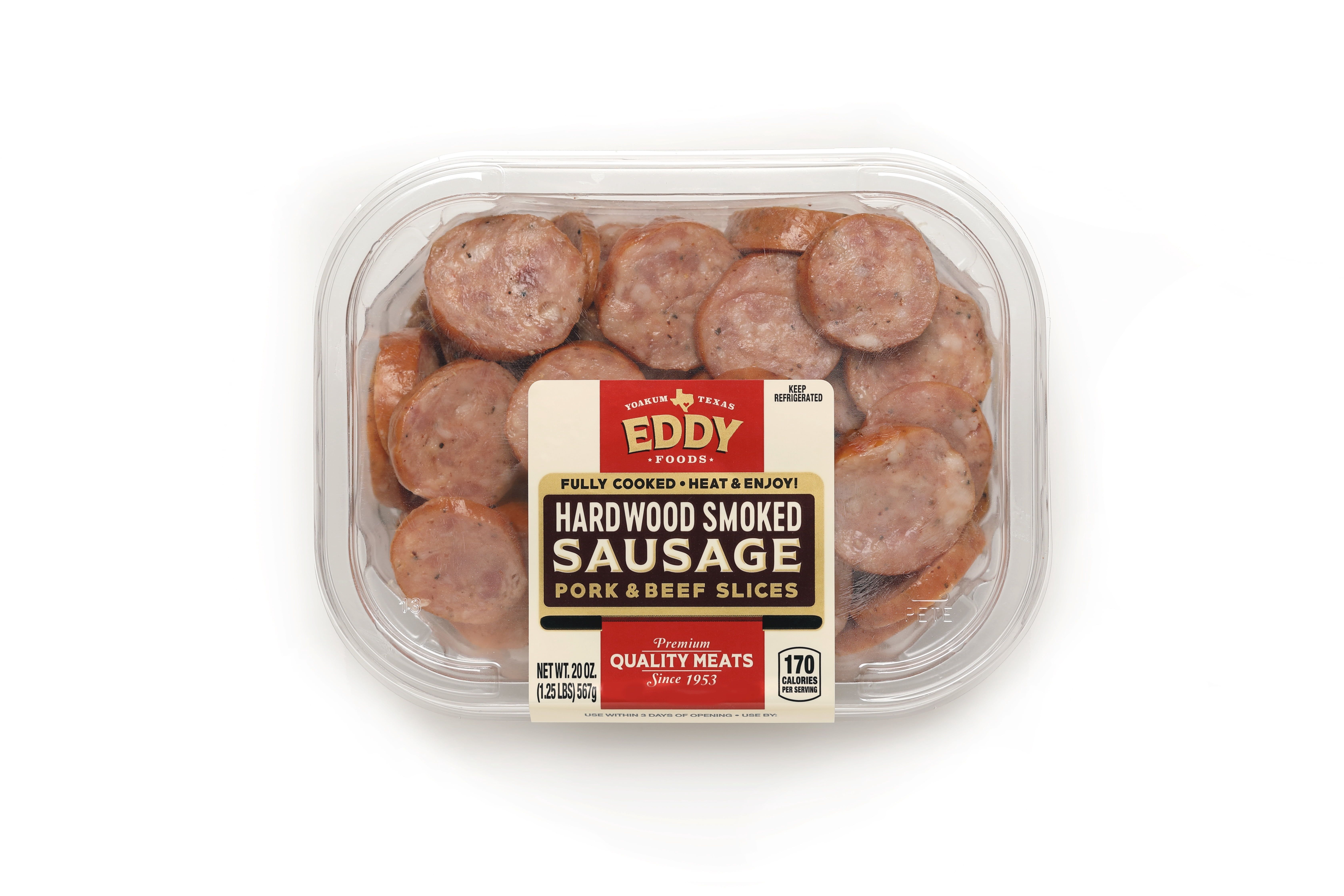 Eddy Foods Hardwood Smoked Pork & Beef Sausage Slices, Fully Cooked, 20 oz
