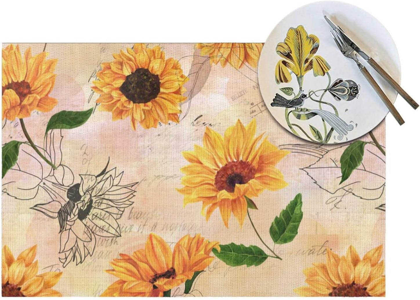Farm Family Sunflower Cattle Sunflower on Old Car Placemats Set of 4 Heat  Resistant Non-Slip Place Mats for Dining Table, Washable Durable PVC Woven
