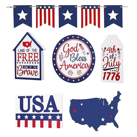 Wooden 2 Tier Stand Coffee Bar Trays Independence Day Tray Decoration Decoration Set Independence Day Party Home Decoration Tiered 4th Of July Tray Decor