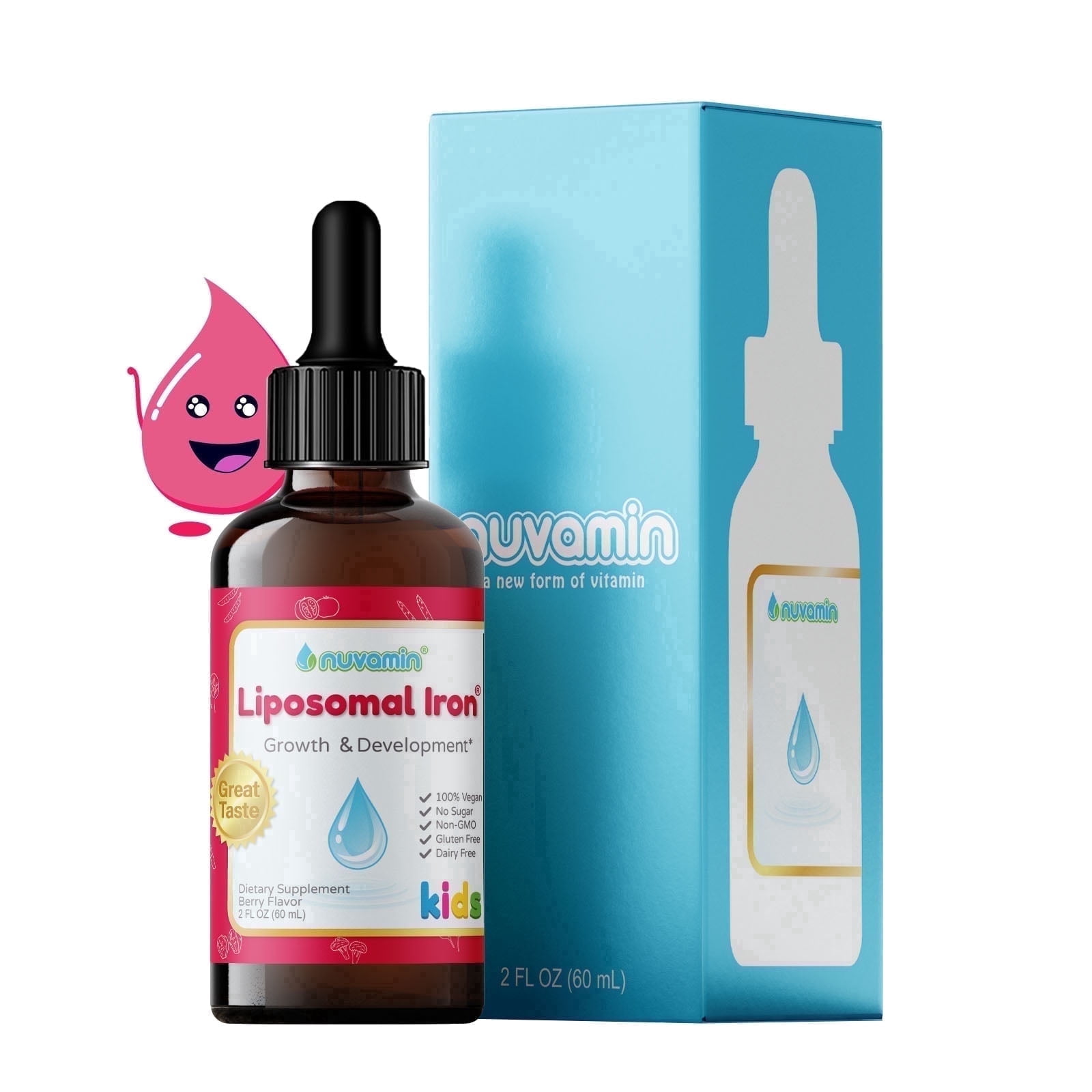 Nuvamin – Liquid Liposomal Iron Drops for Baby, Toddlers, Kids, & Teens, 2Fl.Oz (60ml), 120 Daily Serving. Great Taste - Natural - 3rd Party Tested & Verified - No Metallic Aftertaste, Berry Flavor