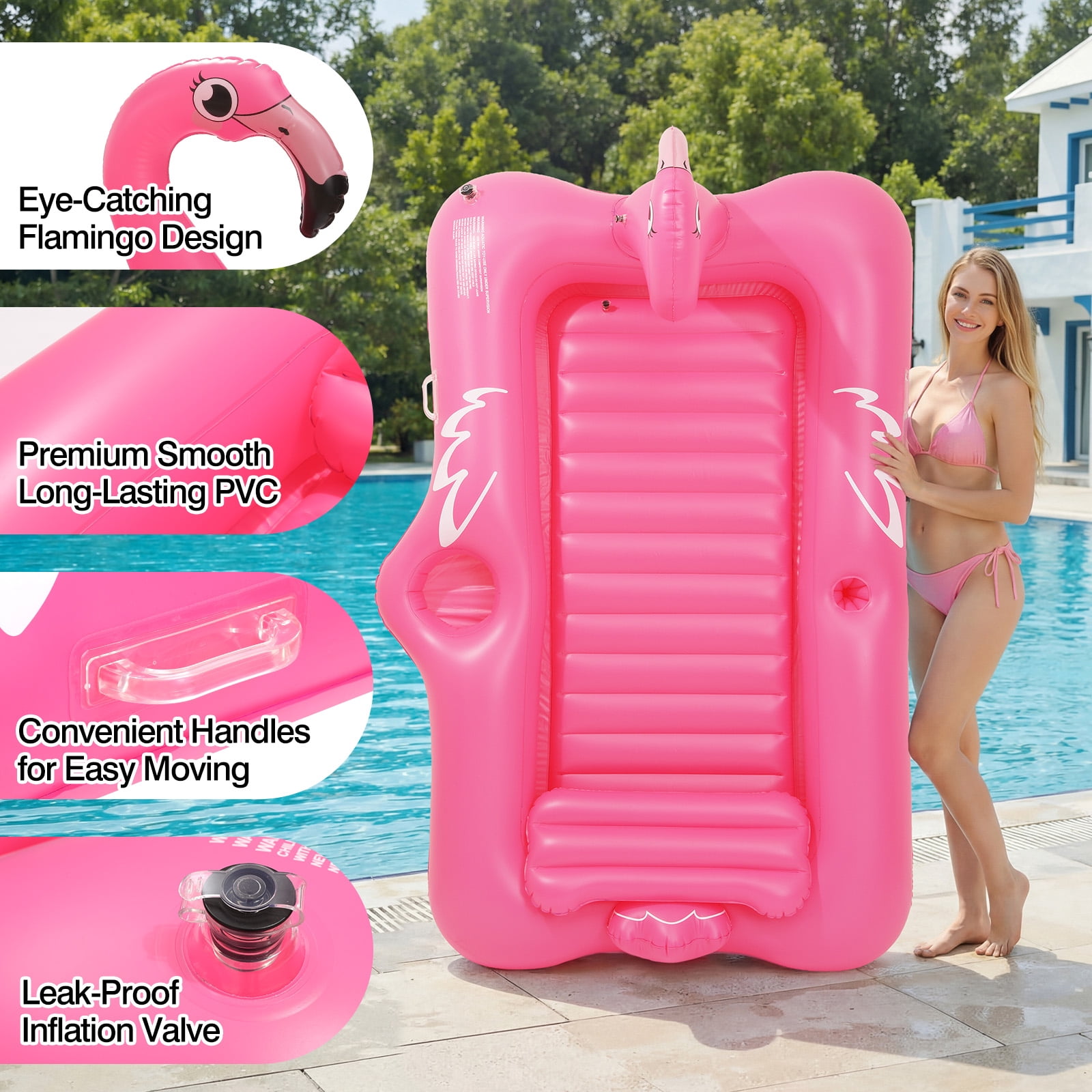 MoKo Flamingo Inflatable Tanning Pool Lounger, 83x50 Inch Blow Up Tanning Bed with Pillow & Cup & Snack Holder, Layout Sunbathing Pool Floats for Backyard Lake Beach River Party, Magenta