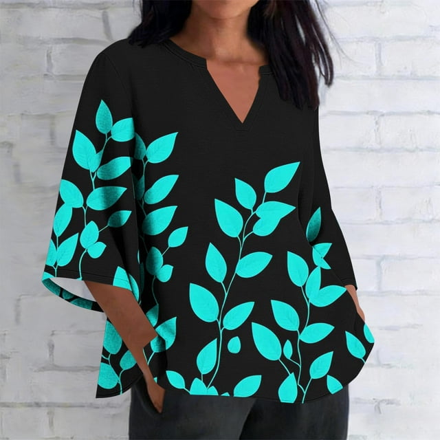 Xuyuer Women's 3/4 Length Sleeve Tops V Neck Casual Vacation Loose Fit S-5XL Ruffle Cuffs Shirts Dressy Flowy Tunic Tops Hawaiian Shirts Summer Floral Printed Shirt Casual Soft Tunic Tops
