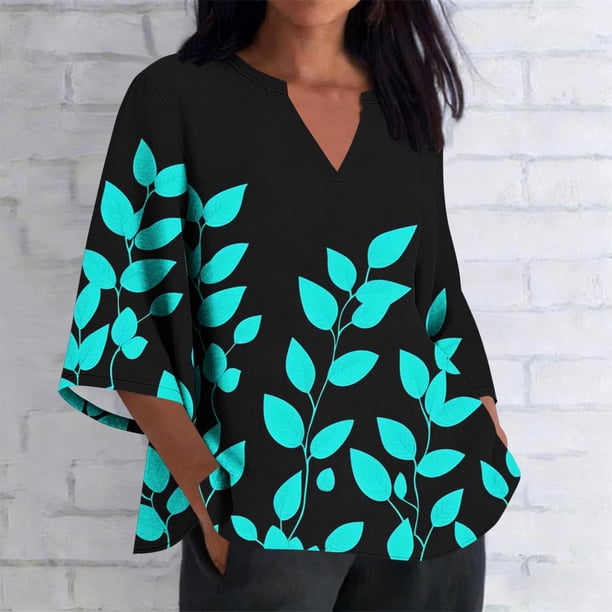 Xuyuer Women's 3/4 Length Sleeve Tops V Neck Casual Vacation Loose Fit S-5XL Ruffle Cuffs Shirts Dressy Flowy Tunic Tops Hawaiian Shirts Summer Floral Printed Shirt Casual Soft Tunic Tops