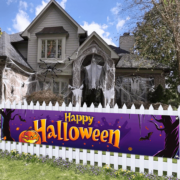 1 2D flat design multi-purpose wall banner, Halloween-themed pumpkin ghost pattern, perfect for garden, house, fence, garage decoration, wall decoration, courtyard sign, party decoration, home decora