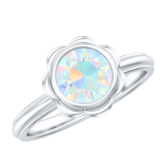 Rosec Jewels Natural Ethiopian Opal Flower Engagement Ring (1.6 Ct, AAA Quality) - Opal Solitaire Ring - with Jewelry Box, 925 Sterling Silver, US 4.00