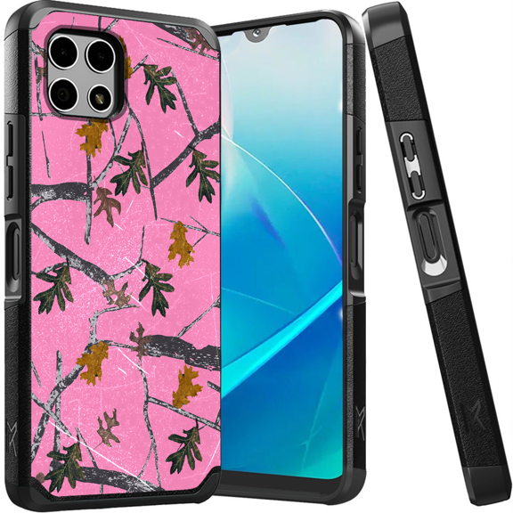 ANJ Shockproof Dual Layer Slim Hard Case Tempered Glass Cover Compatible with T-Mobile REVVL 7 5G - Pink Tree