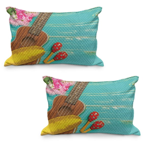Music Quilted Pillowcover Set of 2, Ukulele with Hawaii Style Background Wooden Classical Vacation, Standard Queen Size Pillow Cover for Bedroom, 36" x 20", Yellow Brown Aqua, by Ambesonne
