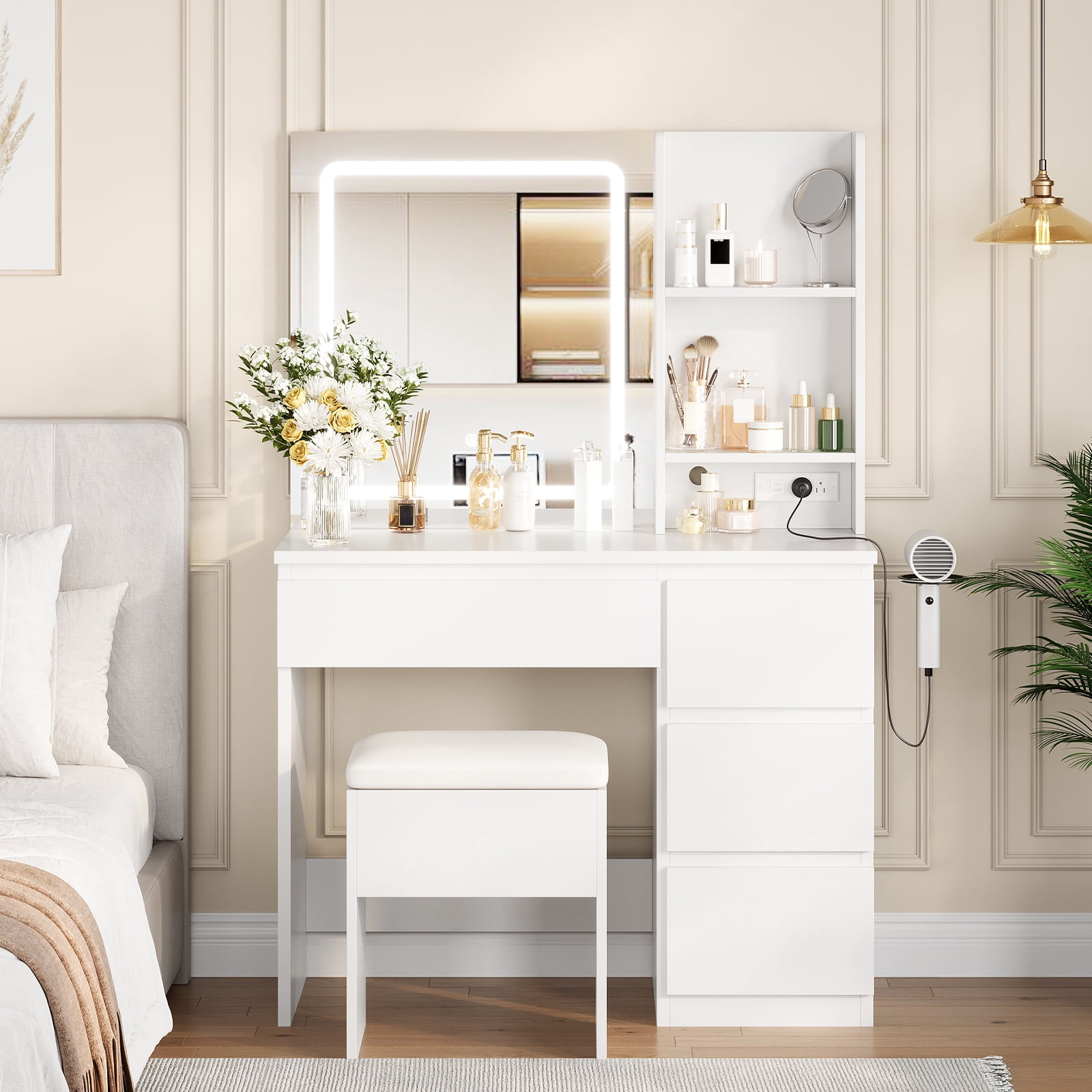 M optimized Vanity Desk with Mirror and Lights - Modern Makeup Dressing Table with Outlets, Storage Stool, 4 Drawers & Hair Dryer Holder - 3 Colors LED Vanity Mirror, Vanities for Bedroom