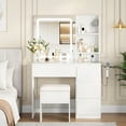 thumbnail image 3 of Modern Vanity Desk with Mirror and Lights, Makeup Dressing Table with 3-Color LED Vanity Mirror, Built-In Outlets, Storage Stool, 4 Drawers, and Hair Dryer Holder, Stylish Vanities for Bedroom, 3 of 9