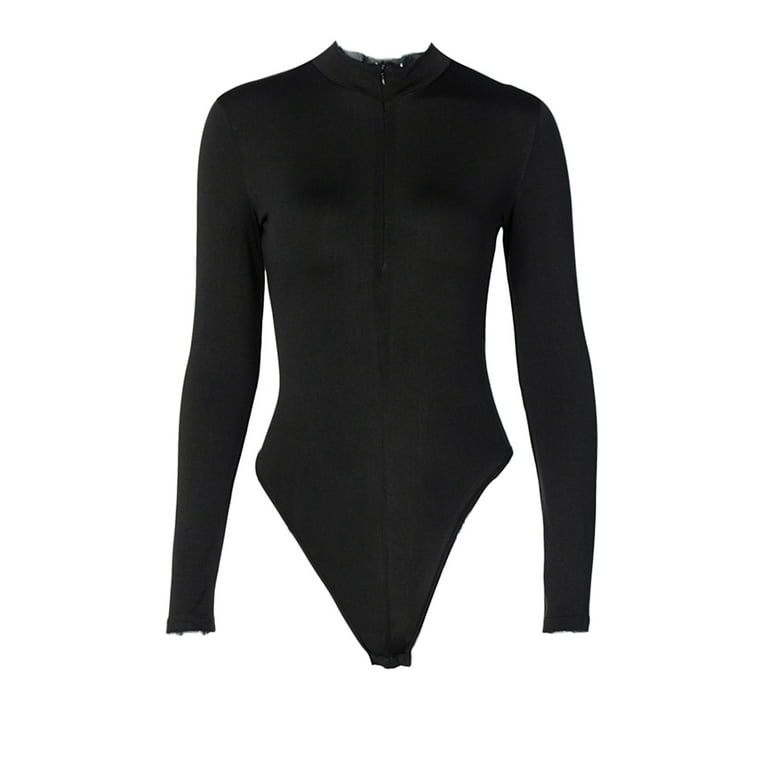 Square Neck Bodysuit for Women Long Sleeve Leotards Sexy Black