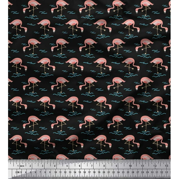 Soimoi Black Cotton Duck Fabric Flamingo Bird Print Sewing Fabric Yard 42 Inch Wide