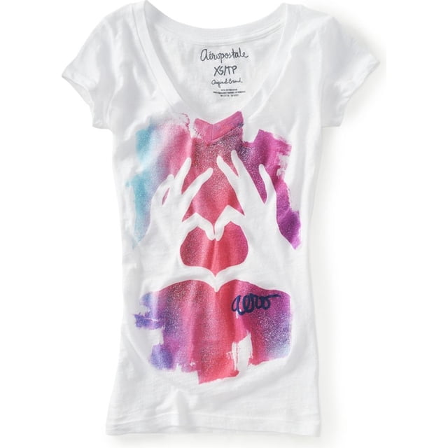 Aeropostale Camiseta gráfica Peace 87 con cuello en V para mujer, blanca, pequeña Aeropostale Camiseta gráfica