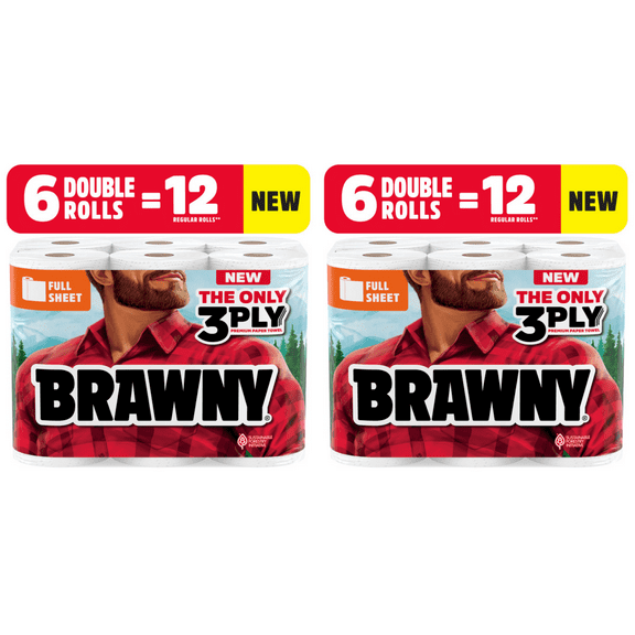 Brawny Full Sheet Paper Towels, 6 Double Rolls (Pack of 2) – Strong & Absorbent for Everyday Cleaning