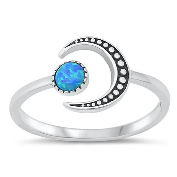 Adjustable Moon Bali Blue Simulated Opal Ring .925 Sterling Silver Band Cubic Zirconia Female Size 7