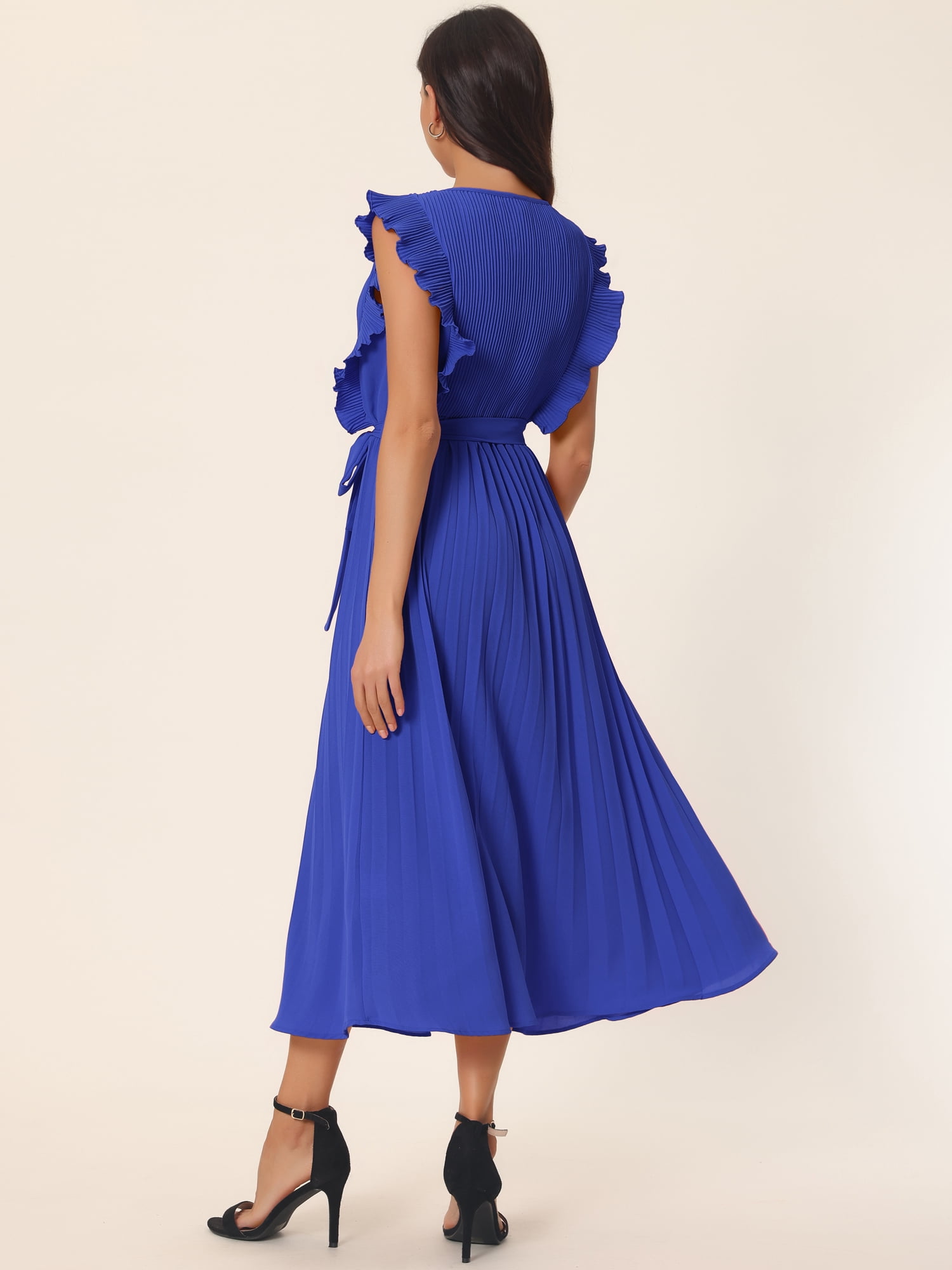 Unique Bargains Women's Ruffle Sleeveless Midi Dress with Tie Waist Belt M Royal Blue