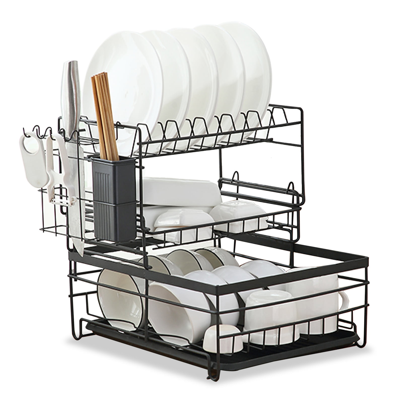 Honelife Dish Drying Rack 3 Tier Dish Rack Steel with Removable Drain Board Storage Rack for Dish Drainer Utensil Holder Cutting Board Holder for Kitchen Countertop Organizer Storage