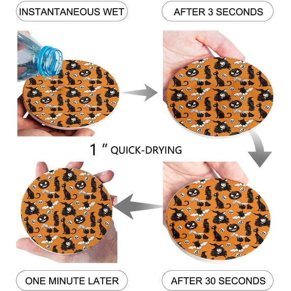 FMSHPON Halloween Bat Black Cat Scary Pumpkin Set of 8 Round Coaster for Drinks, Absorbent Ceramic Stone Coasters Cup Mat with Cork Base for Home Kitchen Room Coffee Table Bar Decor