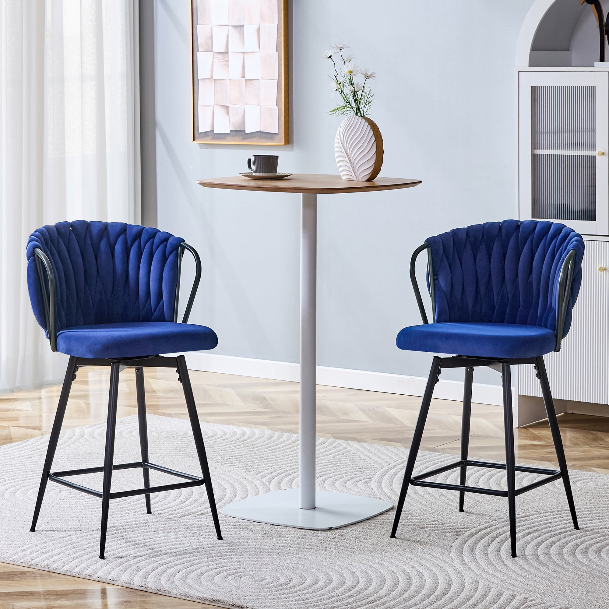 Alvantor Set of 2 Blue Velvet Braided Counter Height Bar Stools with Metal Frame