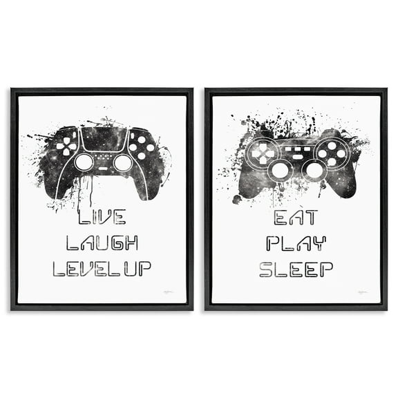 Stupell Industries Gamer Play Splash Controllers Text & Numbers Painting Black Floater Framed Canvas Art Print Wall Art, 17 x 21, Set of 2