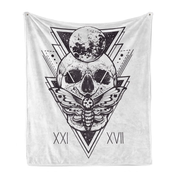 Death Moth Soft Flannel Fleece Throw Blanket, Geometry Skull Dead Head Alchemy Hipster Tattoo Style Art, Cozy Plush for Indoor and Outdoor Use, 70" x 90", Dark Blue Grey and White, by Ambesonne
