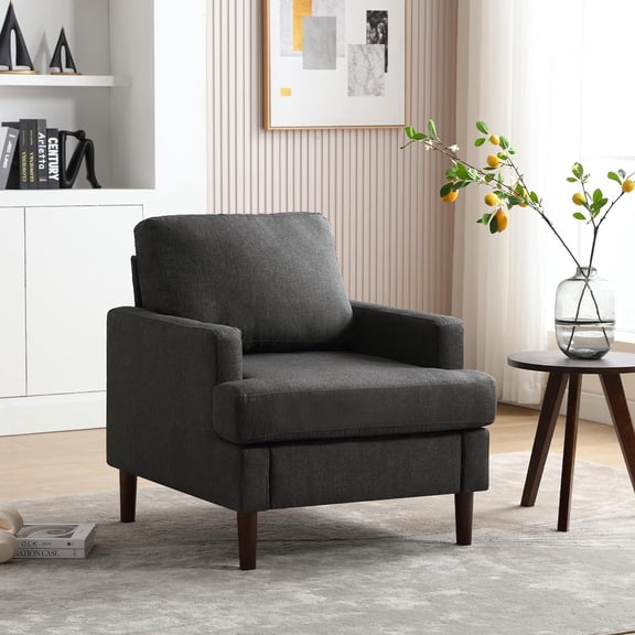 Accent Chair, Modern Mid-Century Linen Armchair for Living Room, Comfy Reading Sofa Accent Chairs, Single Sofa Chair with Wood Legs for Bedroom, Grey