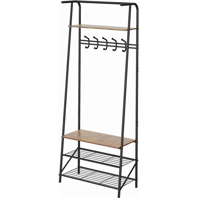 4-Tier Rack,Hall Tree with Bench and Shoe Storage,with 5 Hooks,Shoe Shelves,Freestanding Coat and Shoe Rack Entryway,4-in-1 Wood Coat Stand,for Entryway,Living Room