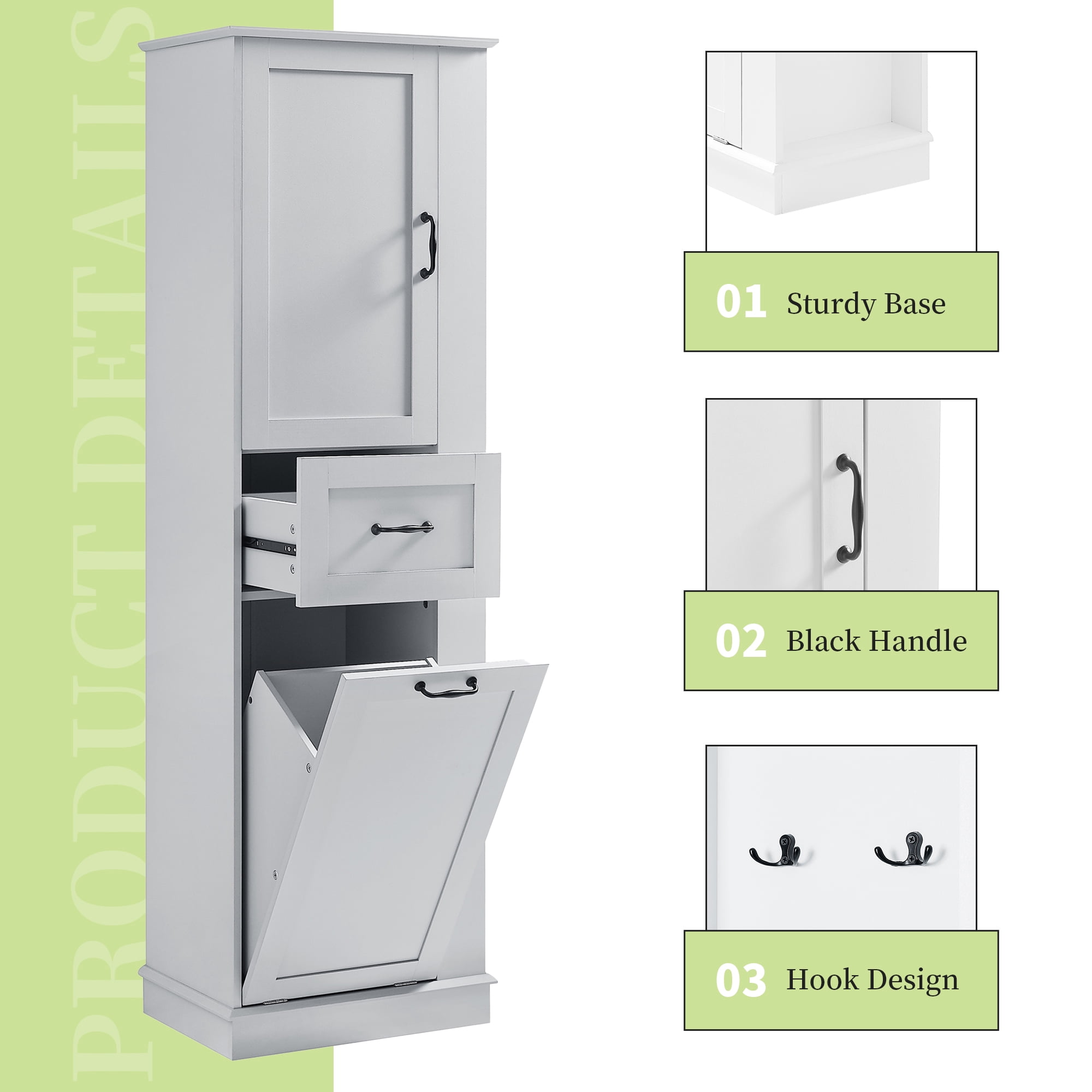 Euroco Tall Bathroom Storage Cabinet with Tilt-Out Hamper, Adjustable Shelves, Soft-Close Hinges, Side Hooks, Modern Slim Linen Tower Organizer
