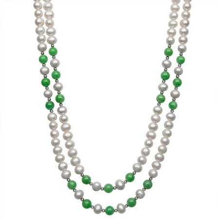 7-8mm Cultured Freshwater Pearl and 8mm Dyed Green Jadeite 2-Row Necklace with Sterling Silver Accent Beads, 17/19