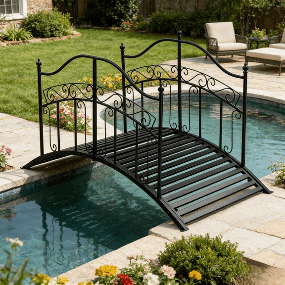 UBesGoo 4ft Arched Bridge Handrail, Heavy Duty Iron Railing for Outdoor Steps, Garden and Porch, Black