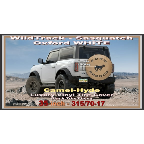 Camel-Hyde 35" Spare Tire Cover for 2021-2026 Full-Size Ford Bronco (Sasquatch Package/Wildtrak) - Black Print & Trim, Camera-Compatible, Made in the USA