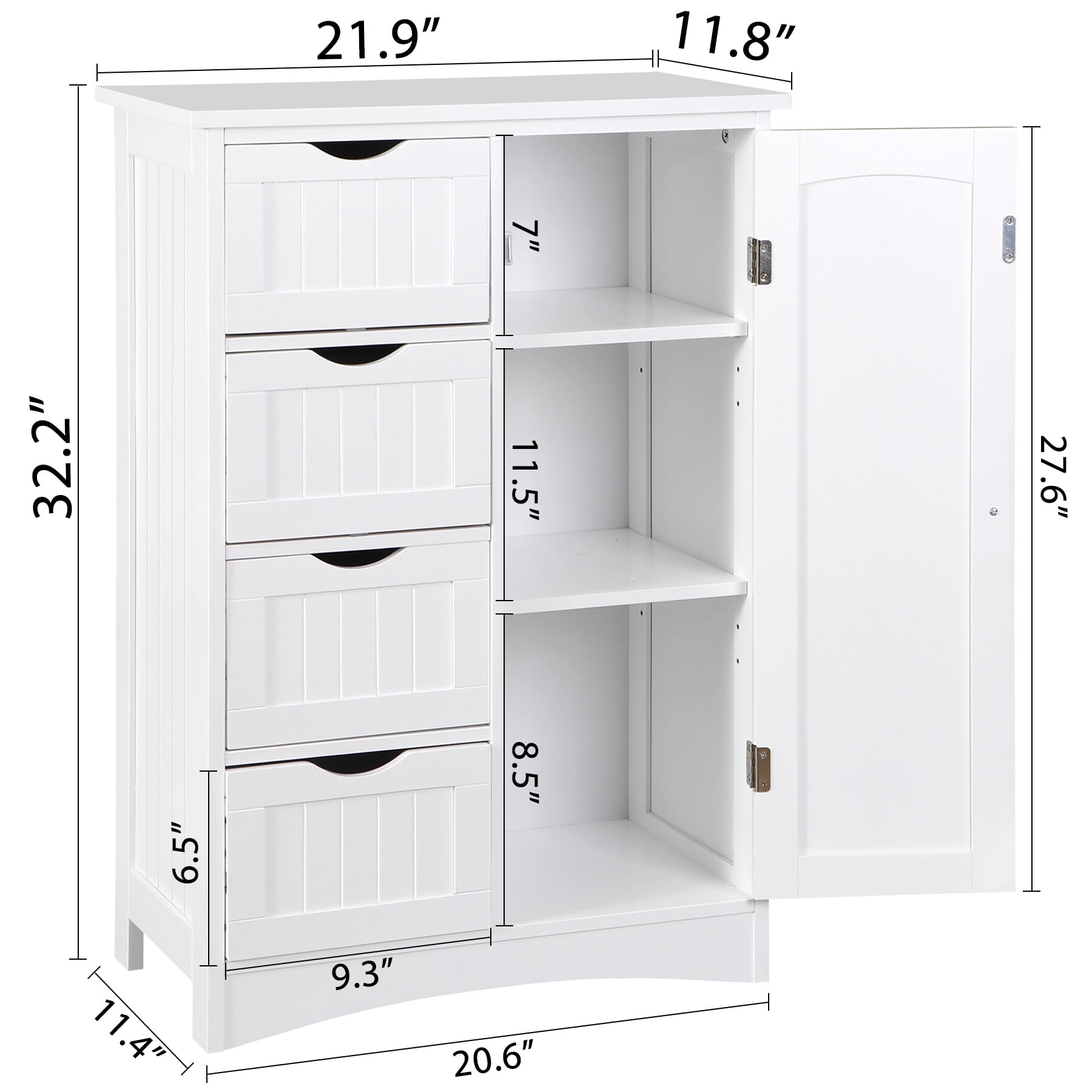 ZENSTYLE Bathroom Floor Cabinet Kitchen Organization 4 Drawers W/3 Tiers Side Space, White
