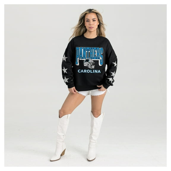 Women's Gameday Couture Black Carolina Panthers Pure Victory Rhinestud Star-Sleeve Pullover Sweatshirt