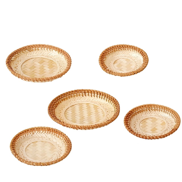 SIYTUAU 5Pcs Round Woven Basket Set For Kitchen Counter Storage Natural Rattan Trays For Bread Fruit Snacks Serving Wood