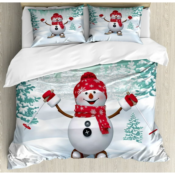Christmas Duvet Cover Set Queen Size, Snow Covered Mountain with Fir Trees and Skiing Snowman Fun Holiday Activity, Decorative 3 Piece Bedding Set with 2 Pillow Shams, Teal Red White, by Ambesonne