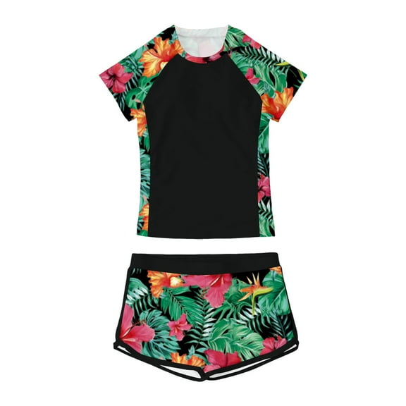 FINALGANG Girls Kids Floral Prints 2 Piece Swimsuit Set Short Sleeve Crewneck Loose Fit Top Elastic Waisted Loose Fit Swimming Shorts For Summer Water Activities Stylish Swimwear