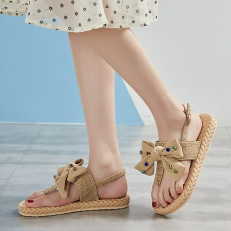 

uikmnh Women Shoes Summer Open SlipOn Breathable Slippers Toe Rhinestone Flat Shoes Sandals Weave Bow Beach Women s Women s Sandals Coffee 8