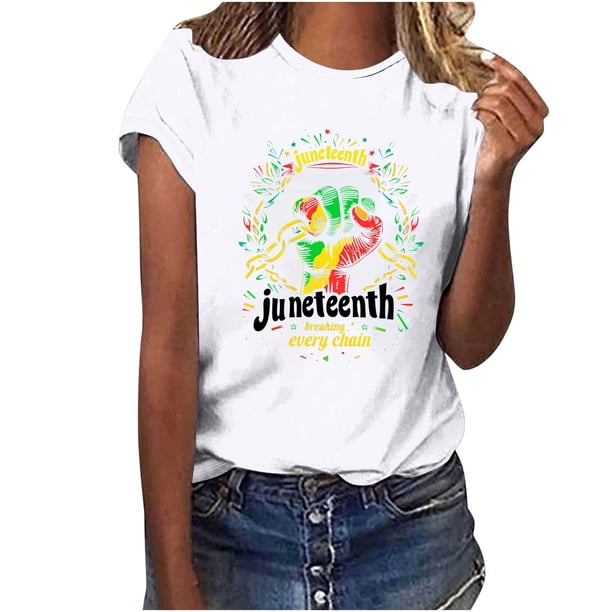 Tops de Manga Corta para las Mujeres de Ajuste Suelto, Día de la Independencia Negro Impreso, Cuello Redondo Suelto Superior