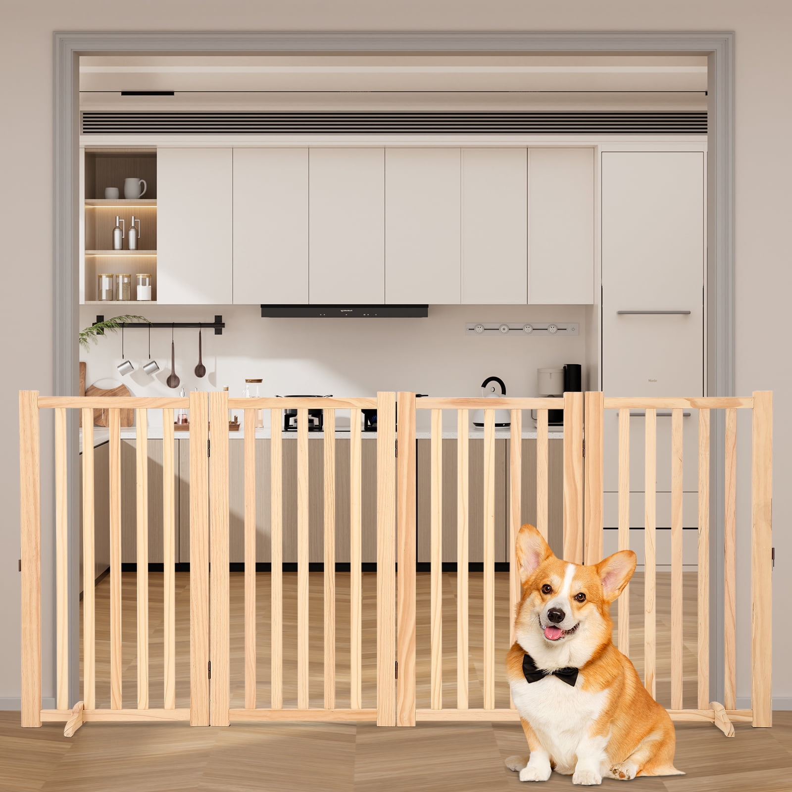 Extra Tall Freestanding Pet Gate Folding Wooden Dog Fence with 2 Support Feet  for Indoor, Stairs, Doorways, Kitchen