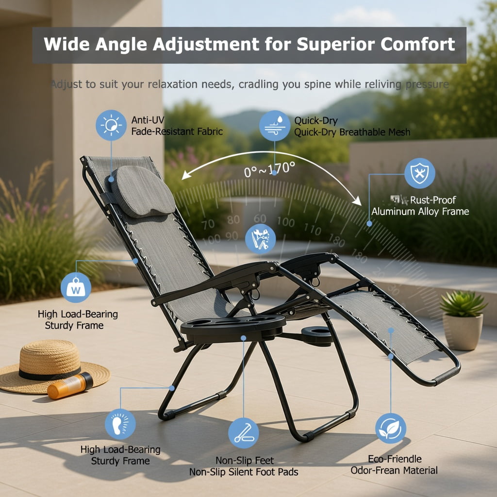 Hommoo Folding Reclining Lounge Chair with Adjustable UV-Protective Shade Canopy, Removable Cup Holder & Headrest, Gray