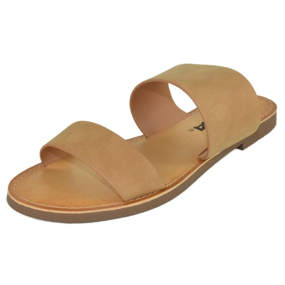 Soda Shoes Women's Sandals Double Strap Flip Flops Slides Wide Fit W-ABBEY Tan Brown Coffee 11