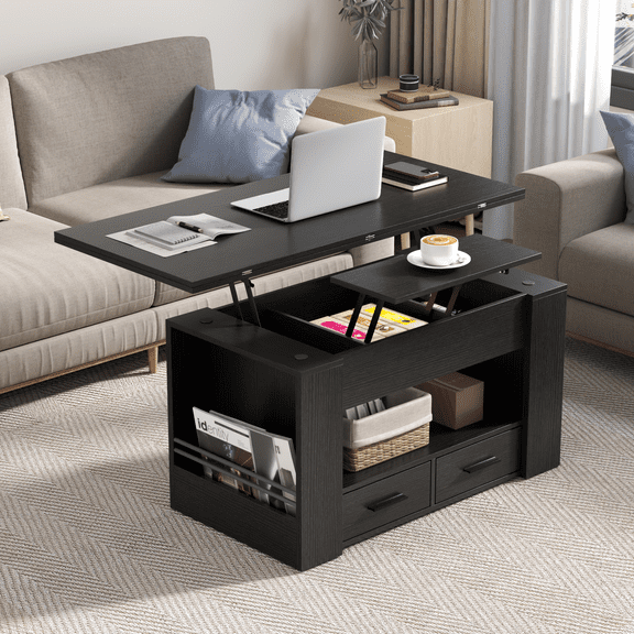 4 in 1 Multi-Function Coffee Table, Lift Top Coffee Table with Storage and Hidden Compartment, Coffee Table Converts to Dining Table, Center Table with Large Drawers for Living Room, Home Office