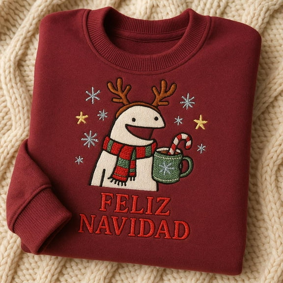 Funny Reindeer Stickman Embroidered Sweatshirt, Feliz Navidad Christmas Hoodie, Cute Spanish Xmas Sweater, Holiday Hot Cocoa Gift