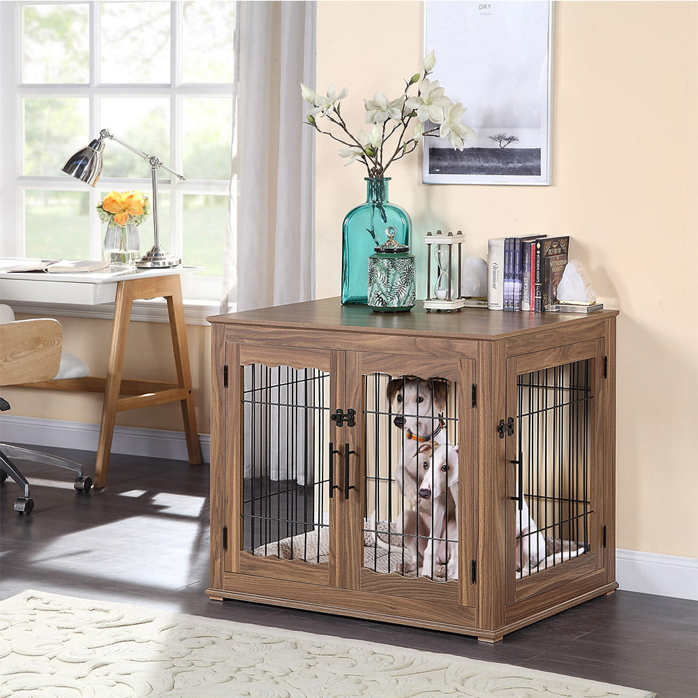 Unipaws Pet Crate End Table, Double Doors Wooden Wire Dog Kennel with Pet Bed, Large Dog Crate