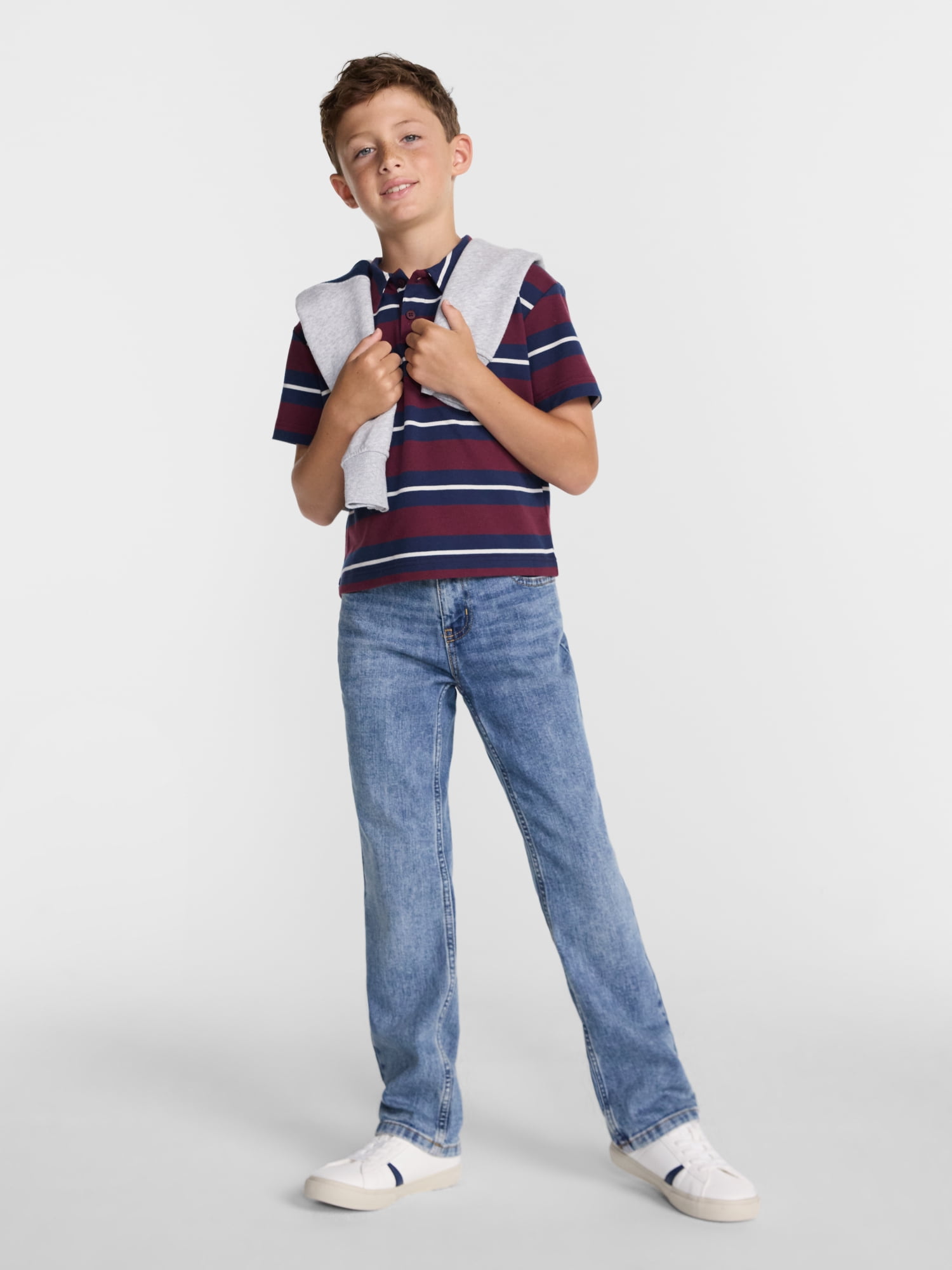 Wonder Nation Boys' Stripe Pique Knit Polo Shirt with Short Sleeves, Sizes 4-18