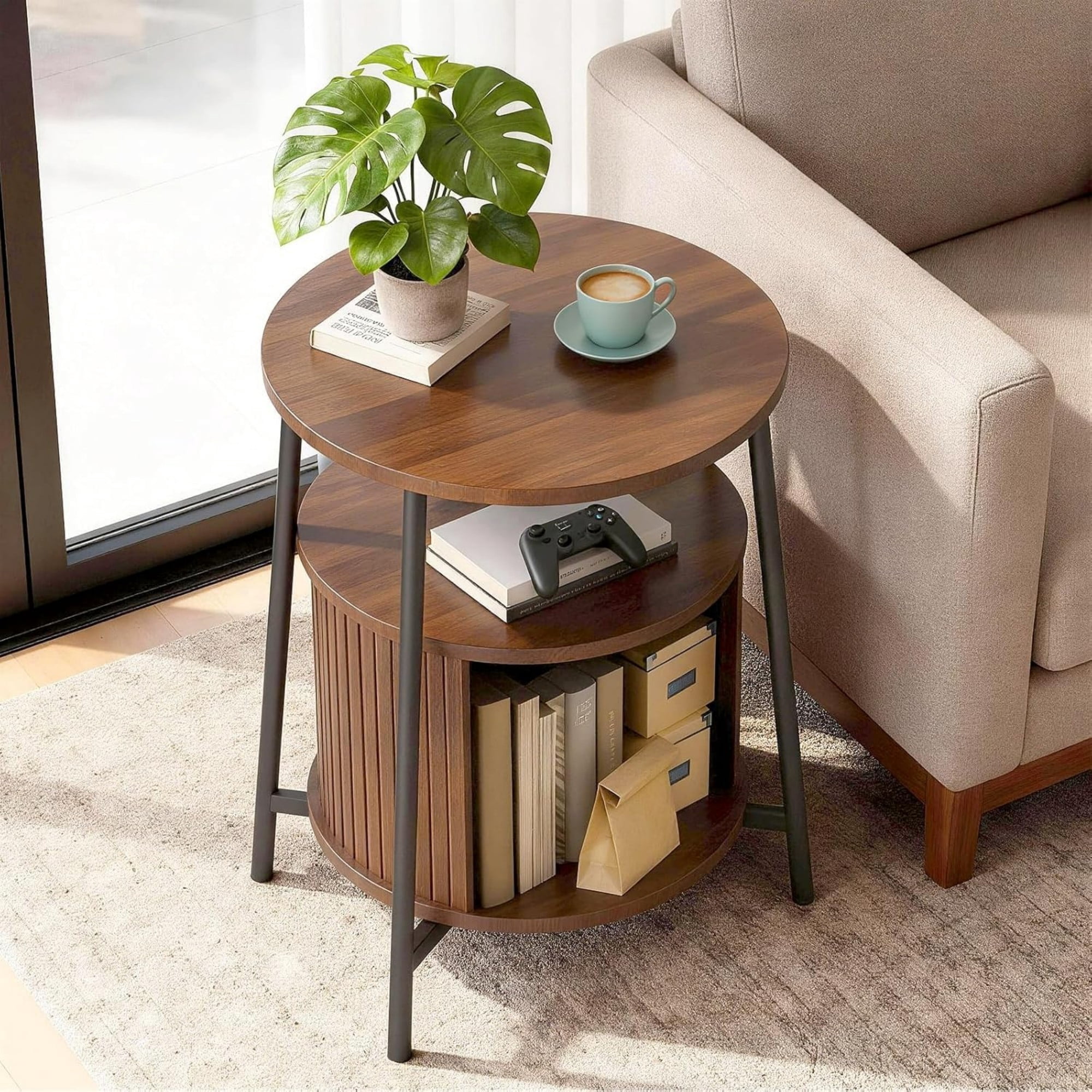 Round End Table with Charging Station, Fluted Side Table with Sliding Door, Mid Century Modern Nightstand for Bedroom & Living Room, Walnut