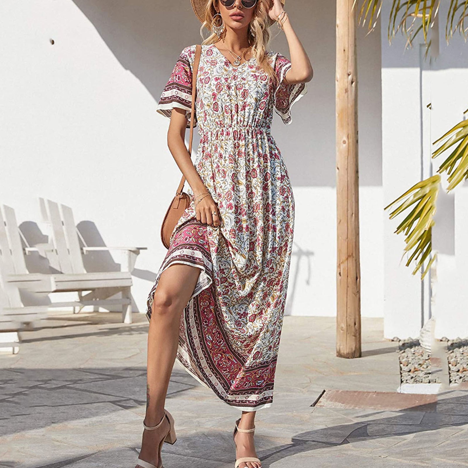 ZANZEA Womens Summer Short Sleeve Long Midi Dress Vintage Floral Beach Sundress