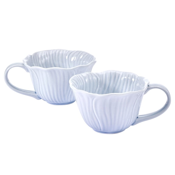 Beautiful by Drew Barrymore Embossed Flower Stoneware 9 fl oz Mug Set, 2 Piece, Blue