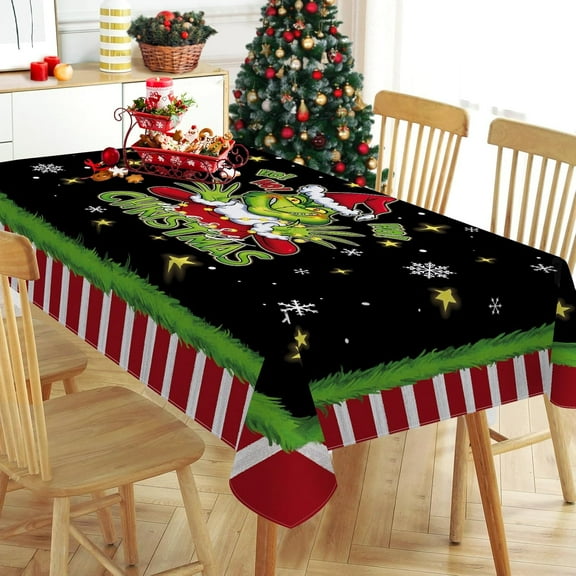Merry Christmas Rectangle Tablecloth 60 x 102 Inch, Xmas Hohoho Snowflakes Black Decorative Table Cloth Dining Table Cover, Red White Stripes Funny Holiday Dinner Party Picnic Decoration