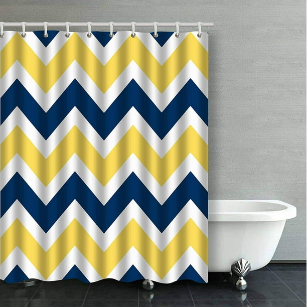 Artjia Navy Blue And Yellow Chevron, White And Yellow Shower Curtain
